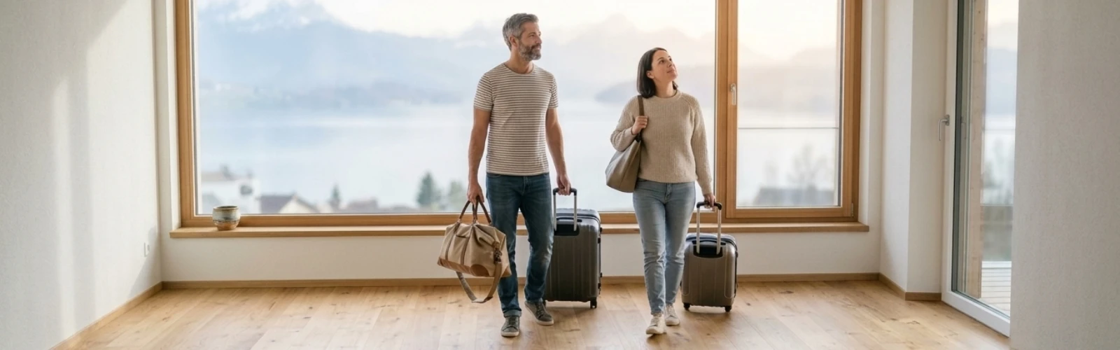 arrivée en Suisse, valises et vue sur le lac